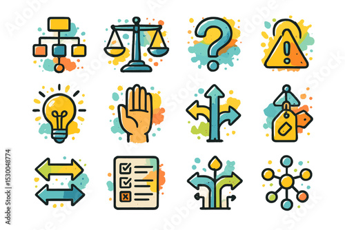Colorful icon set with business and legal symbols on textured background