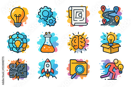 Creative innovation icons with light bulb, brain, and rocket illustrations