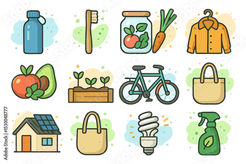 Eco-friendly lifestyle icons: reusable items and sustainability concepts