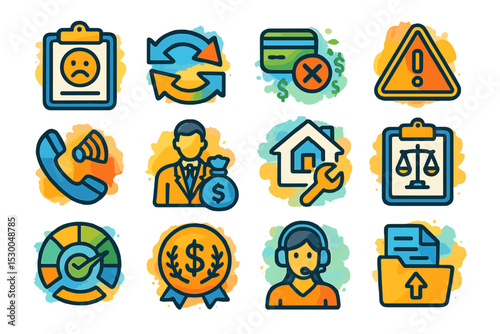 Colorful finance and business icons with emphasis on communication and caution