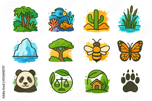 Nature and wildlife icons: forest, ocean, desert, arctic, and animals