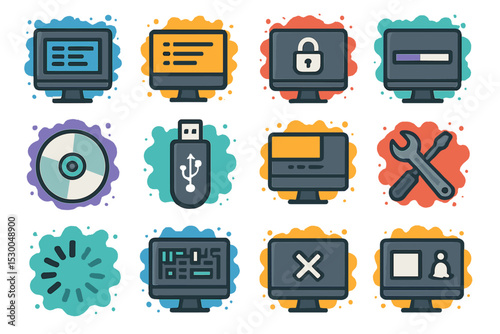 Computer icons set: monitors, usb, cd, lock, tools, loading, error, user