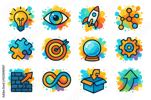 Colorful business icon set with lightbulb, rocket, infinity, gear, and more