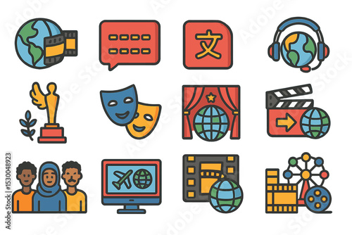 Colorful icons of language, cinema, travel, and entertainment
