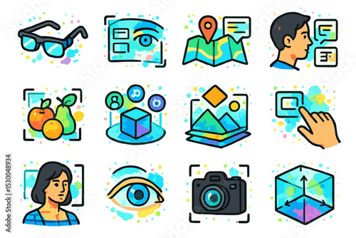 Vibrant icons of technology and communication in watercolor style