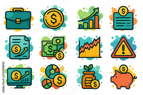Colorful financial icons set with dollar signs and growth charts