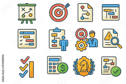 Business strategy and planning icons for workflow and success visualization