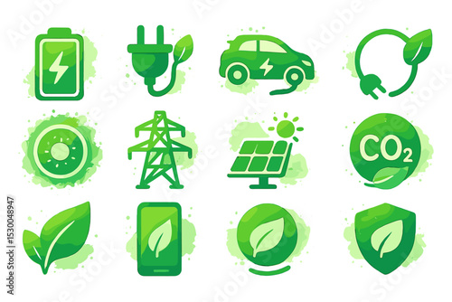 Green energy icons: battery, solar, ev, plug, leaf, co2, renewable power