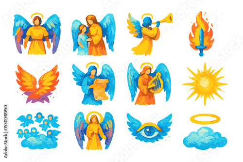 Colorful angelic figures and symbols in vibrant artistic style