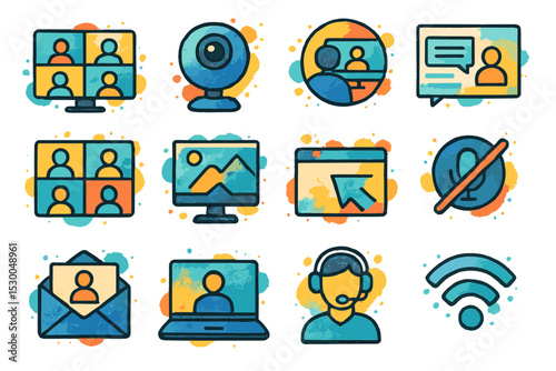 Colorful virtual communication and video conference icons set