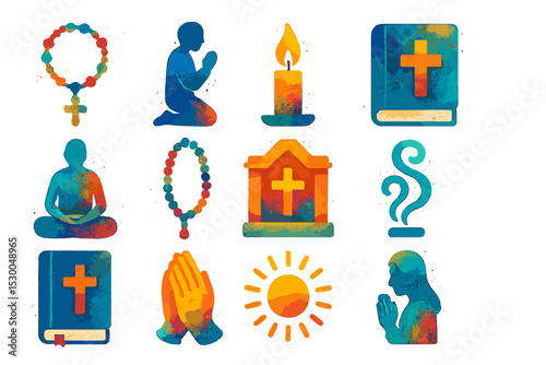 Colorful religious icons: cross, prayer, meditation, candle, rosary