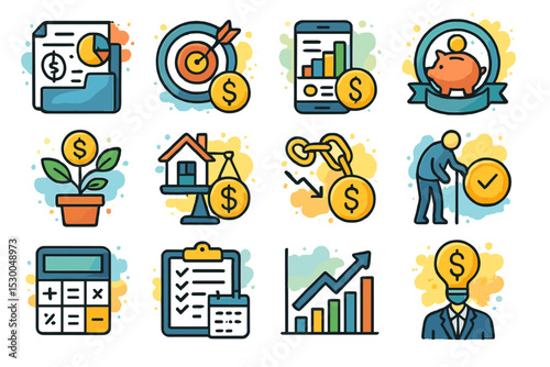 Financial icon set with business elements and money management symbols