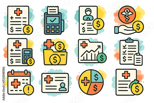 Colorful healthcare and finance icons set with medical and financial elements