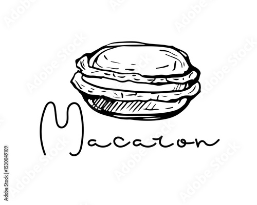 Macaron sketch with Macaron lettering isolated on white background. Macaroon sweet bakery vector. Text with hand drawn element. Typography poster for cafe, menu. Hand written quote. Sweet dessert.