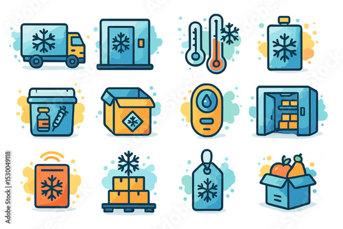 Cold storage icons - truck, thermometer, refrigerator, boxes, frozen goods