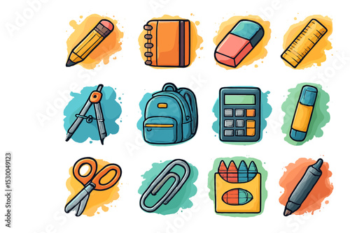 Colorful school supply icons featuring backpack, calculator, pencil, and more