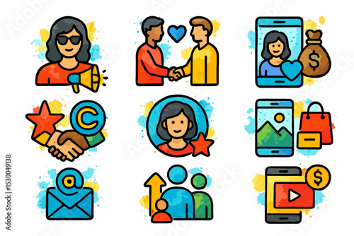 Colorful social media and business icons with diverse individuals
