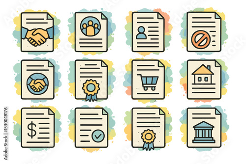Variety of business and document icons with contracts and agreements