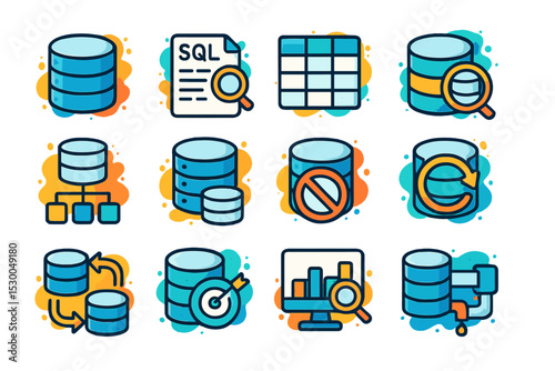 Database management icons: storage, sql, integration, analysis, synchronization