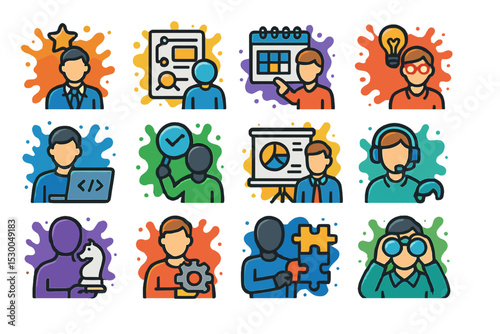 Illustrated business icons representing strategy, innovation, and teamwork