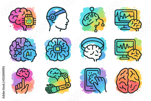 Colorful illustrations of brain technology and artificial intelligence concepts