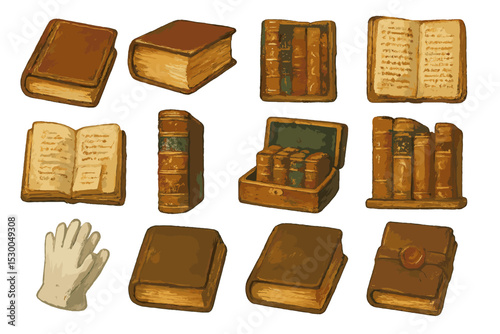Vintage books and journal collection with a glove on brown background