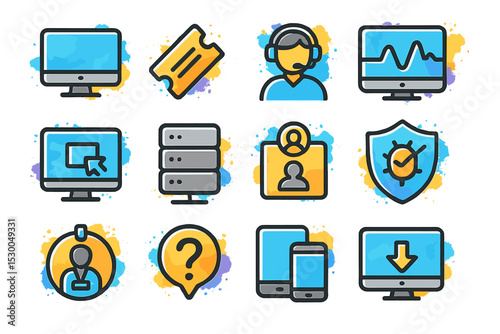 Technology icons collection: computers, security, support, and devices