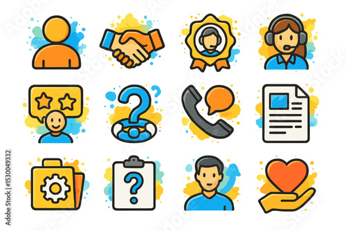 Colorful customer service icons featuring people and communication tools