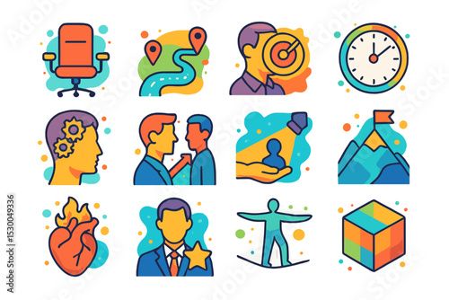 Colorful business icons illustrating productivity, strategy, and success goals