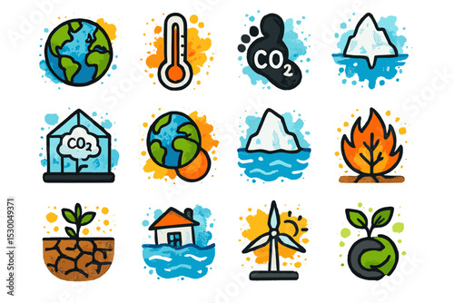 Climate change and environmental impact icons in vibrant illustrations