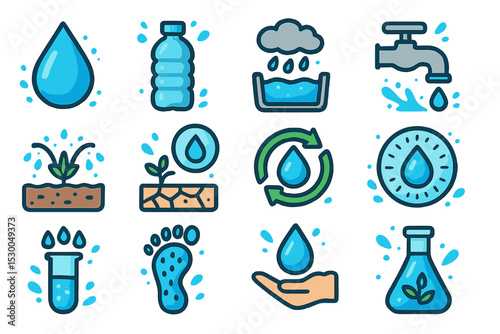 Water conservation icons: recycle, save, sustain, protect, hydrate
