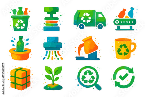 Colorful recycling icons: sustainability, waste management, eco-friendly concepts