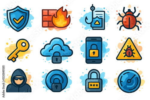 Cybersecurity icons featuring firewall, virus, and encryption symbols