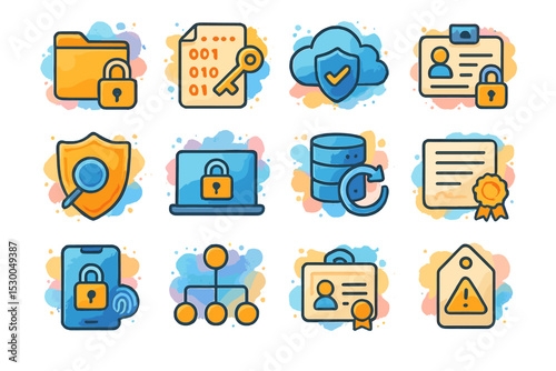 Colorful cybersecurity icons featuring locks and shields