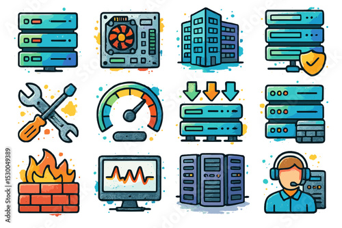 Colorful set of technology icons featuring servers and networking tools