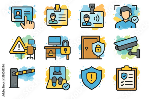 Cartoon security icons with id, surveillance, and lock elements