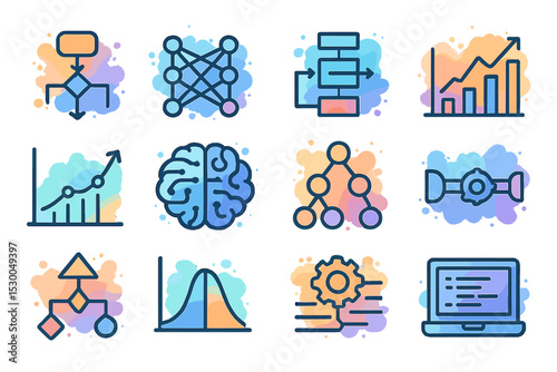 Colorful machine learning and data science icons on abstract background