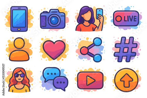 Colorful social media and technology icons with symbols and characters