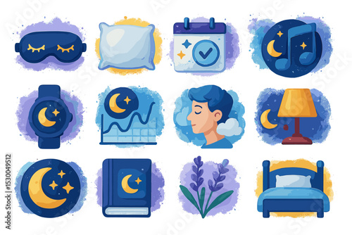 Sleep and relaxation icons featuring bedding, moon, and lavender elements