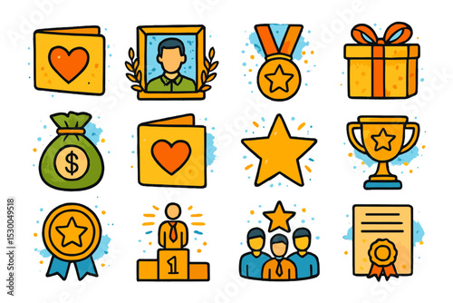 Colorful icons of awards and recognition medals, trophies, and gift box
