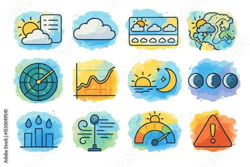 Illustrated weather icons: clouds, sun, rain, and alert symbols