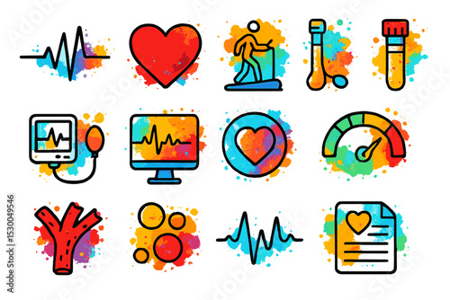 Colorful fitness and health icons set on vibrant background