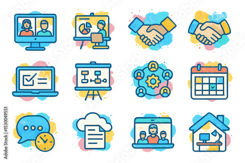 Colorful business icons - video call, handshake, presentation, chat, calendar