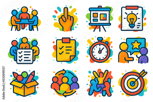 Colorful business icons featuring teamwork, ideas, and time management