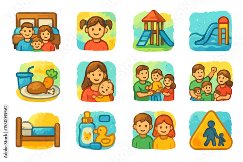 Family activities and childcare icons depicting everyday scenes
