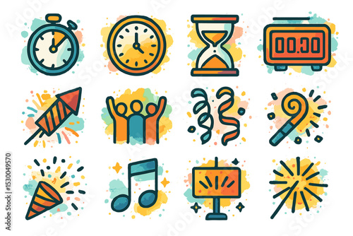 Colorful celebration icons featuring clocks, fireworks, and party elements
