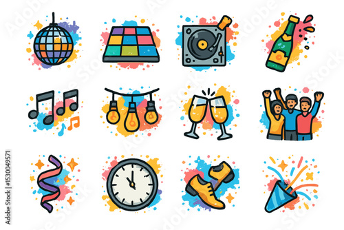 Colorful party icons with disco ball, music, drinks, and celebratory elements