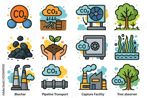 Carbon capture methods: biochar, pipeline transport, and tree absorption icons