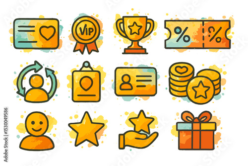 Colorful loyalty and rewards icons with stars, coins, and trophies