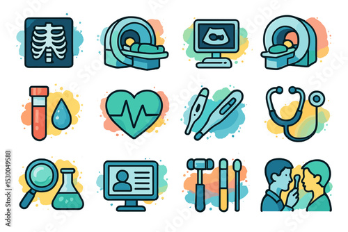 Medical icons set featuring mri, ultrasound, test tubes, stethoscope, and doctor tools